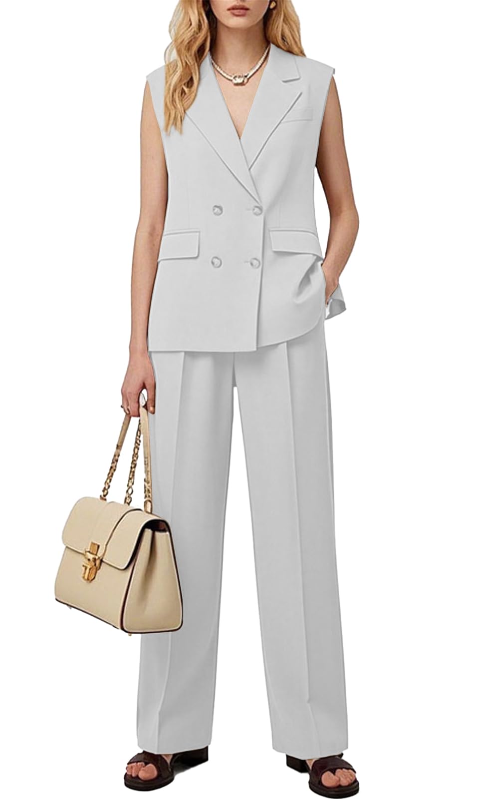 Ensemble 2 pièces habillé et décontracté pour femme - Blazer sans manches - Pantalon large - Pour le travail et le bureau, bleu marine, XXL