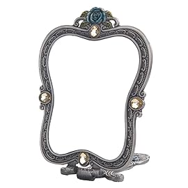 Nerien Vintage Metal Handheld Makeup Mirror with Comb - Russian Embossed Rose - Travel Portable Foldable Mirror - Decorative Tabletop Stand - Antique Pewter