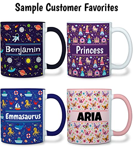 Personalized Unicorn Mug (Pink) - Custom Birthday Gift Or Holiday Present For Girls, Boys, Kids, Children - 11 Ounces, Full Wrap Vibrant Design, Double Sided Text, Pink Handle & Rim #TOP2