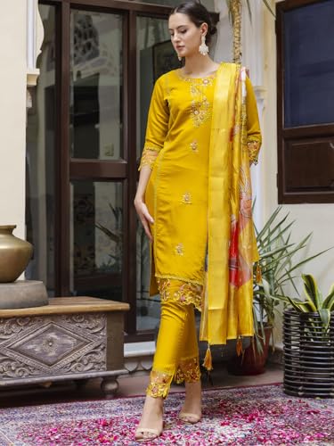 Image of VredeVogel Kurta Set with Dupatta | Viscose Roman Silk Embroidered Kurta Set for Women | Women's Ethnic Casual Kurti Set |Kurta Pant Festive Suit