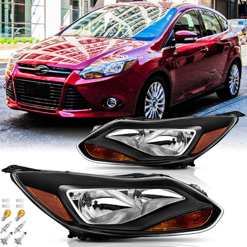 Headlights Assembly with Bulbs for 2012 2013 2014 Ford Focus (3rd Gen Pre-Facelift) Halogen Headlamps Replacement Driver and Passenger Side Pair (LH RH),Black Housing Amber Reflector