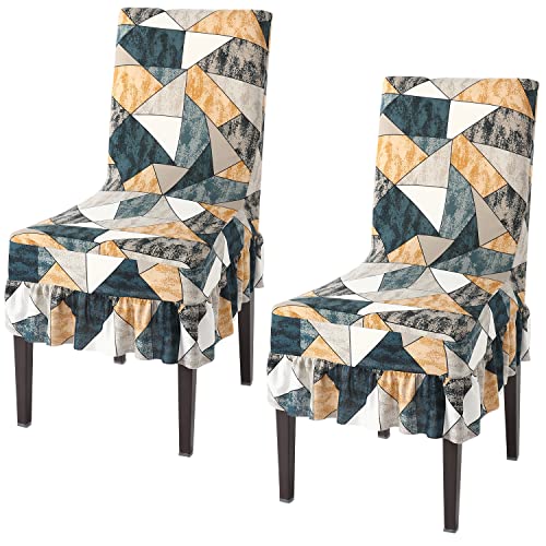 Image of HOKIPO Stretchable Dining Chair Frill Cover Set of 2 Washable Slip Covers (AR-4074-D4*2)