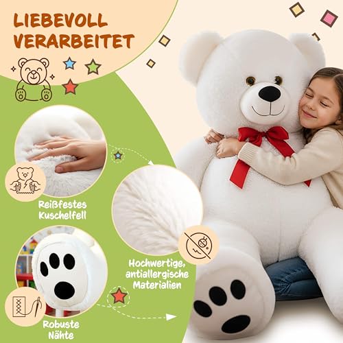 monzana Teddybär XL 100 cm Weiß, großes Kuscheltier aus Plüsch – Ansicht 3