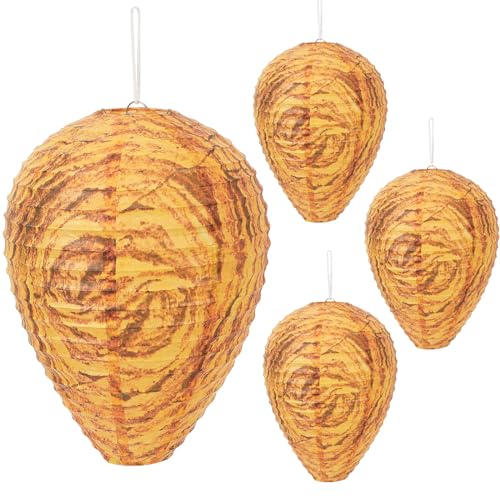 DECYOOL 4 Pack Paper Wasp Nest Decoy Hanging Wasp Nest Stay Away from Wasps Hornets Yellow Jackets(Orange)