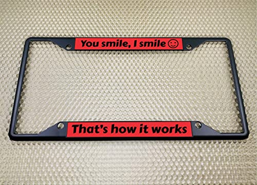 Image of Personalized with Custom Text Design - 4 Hole Black Metal Laser Engraved US Standard Size - Car License Plate Frame with Free caps - Red /Black Text (Qty: 1 Frame)