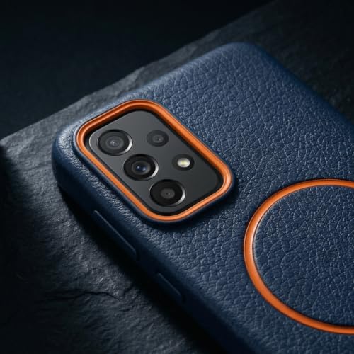 Image of amazon basics Luxury MagSafe Compatible Leather Texture Back Cover for Samsung Galaxy A73 5G | Raised Camera Protection | Slim Fit Shockproof Case with Metallic Accents (Dark Blue)