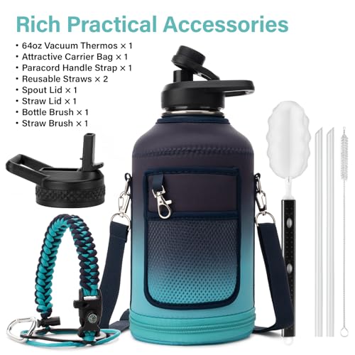 Insulated Water Bottle | Thickened Stainless Steel Vacuum Metal | Portable Sports Half Gallon Large Water Jug for Gym and Hiking with Straw, Carrier Bag, Handle Strap | BPA-Free 64 oz