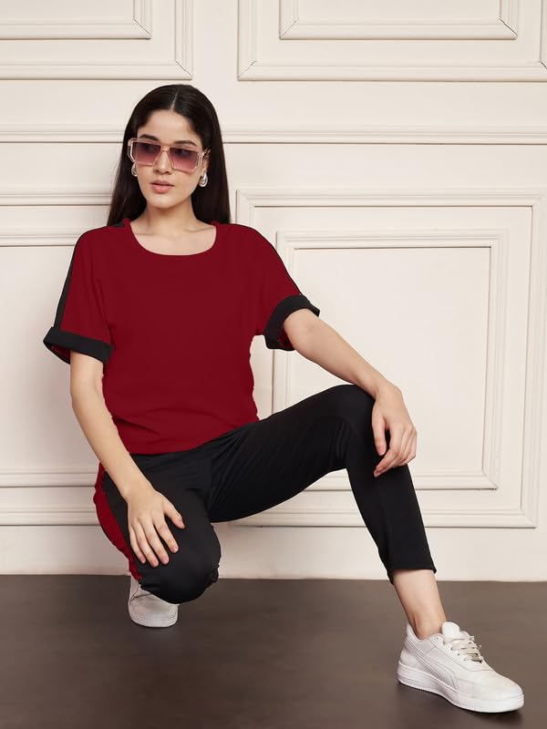 Image of DTR FASHION Polyester Blend Black Color Shoulder Stripes Tracksuit | Night Wear Suit For Women