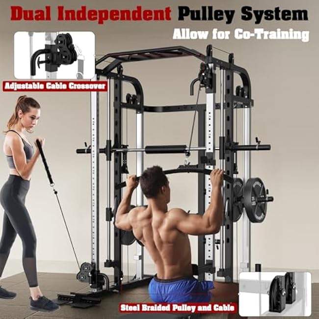 Smith Machine, Multifunctional Power Cage Rack with Smith Bar and Cable Pulley System, and LAT Pull Down Machine for Home Gym¡