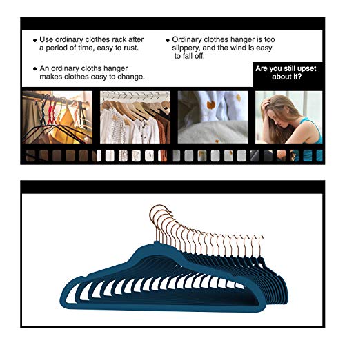 Premium Quality Velvet Hanger (Set of 50) - Ultra -Thin No Slip Velvet Suit Hangers - Swivel Rose Gold Hooks, Stronger Than Standard Velvet Hangers - Space Saving Valvet Hanger (50, Blue)