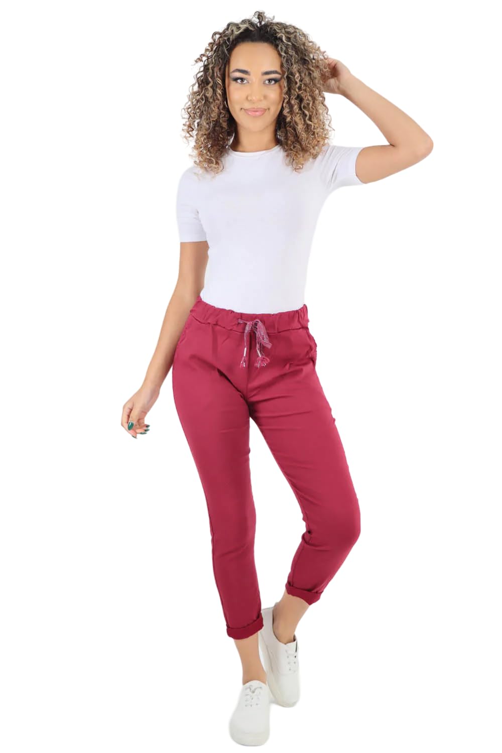 Turnhint Women's Wine Turnhint® Plain Magic Trousers, Italian Lagenlook Crushed Casual Stretchy Joggers Yoga Pants With Back Pocket (, 18-22)