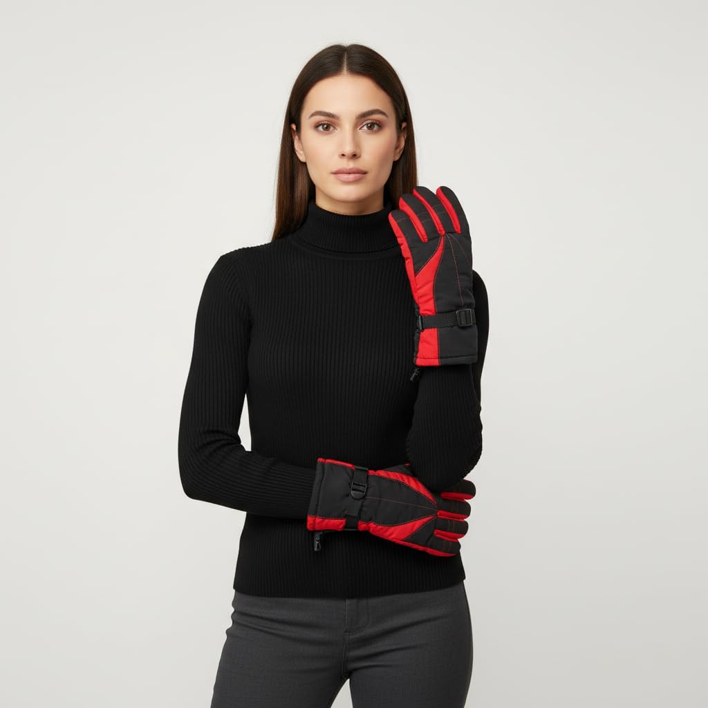 Tomorrow Fashion Unisex Winter Gloves - Waterproof Thermal Outdoor Cold Weather Gear for Men Women - Adjustable Strap (Red) 4
