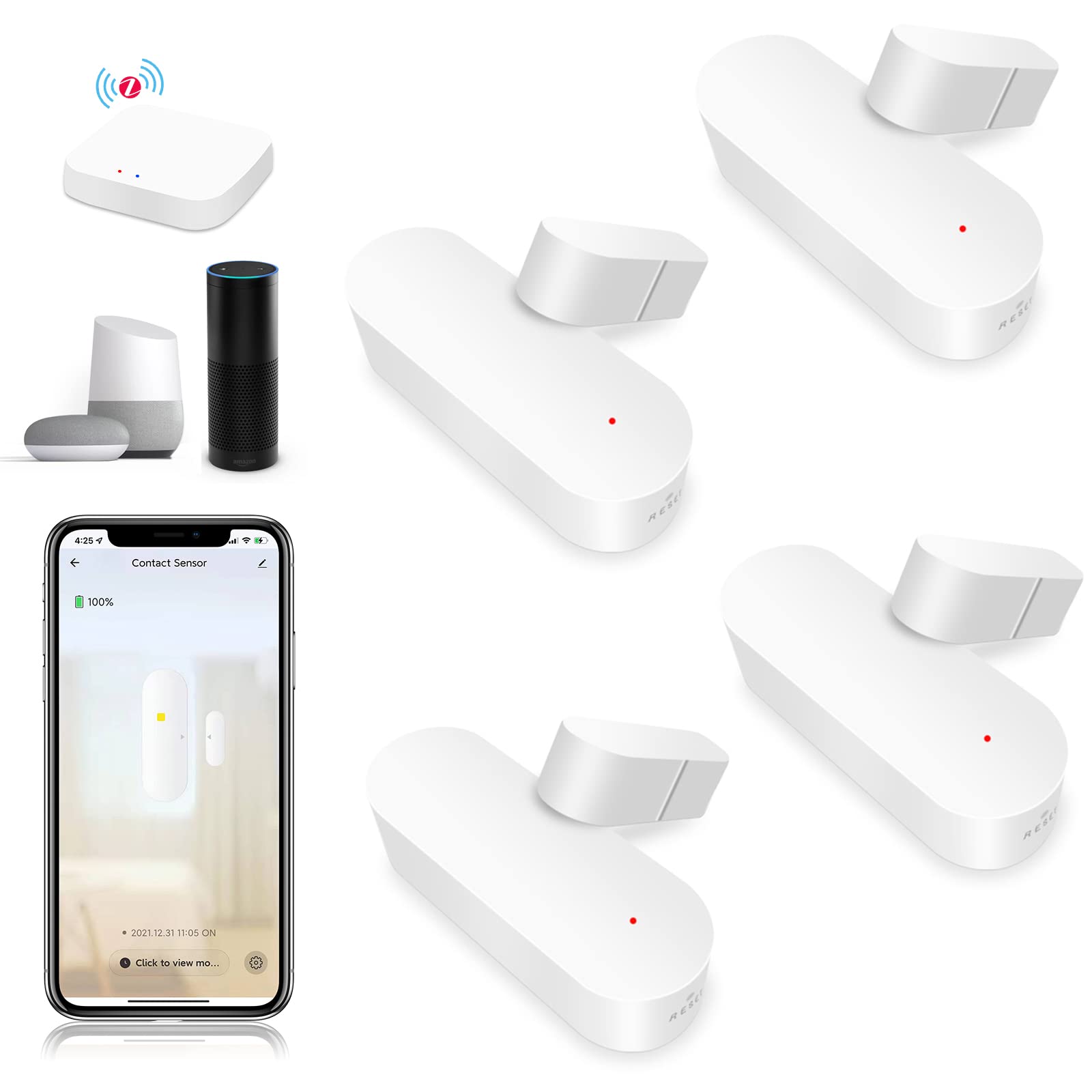 BSEED Zigbee Detector Ventana Puerta 4 Pack,Sensor Alarma Antirrobo Para La Seguridad Tienda Hogar Contra Ladrones, Compatible Tuya Alexa Google Home, Se Requiere Concentrador