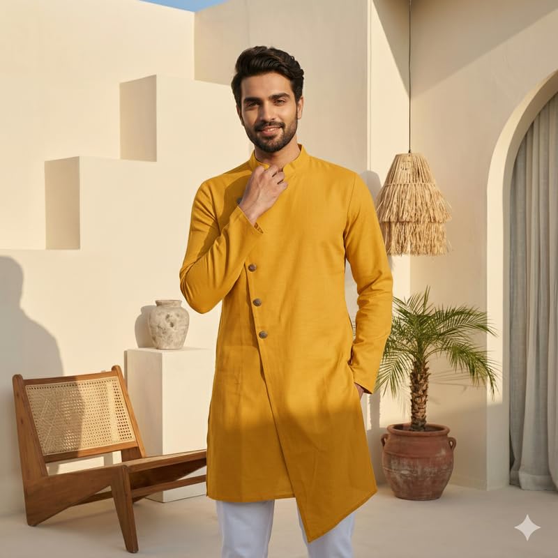 Image of OOMPH! Men's Ethnic Traditional Asymmetric Kurta Polycotton Regular Fit | High Neck Full Sleeves | Traditional Indian Festive Kurta | Stylish Casual and Wedding
