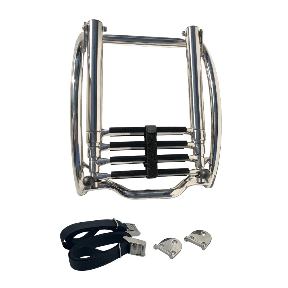 MARINE CITY 316 Stainless Steel 4-Step Telescoping Ladder for R I Bs & Small Vessels – Curved Mount with Adjustable Straps