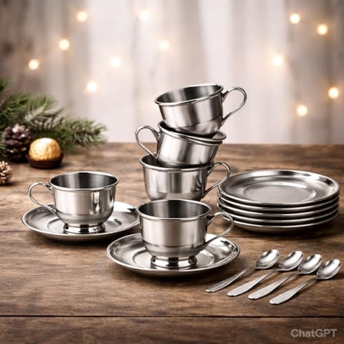 Image of Steel Cup and Saucer|Coffee Cup with Plate with Spoon |Tea Cup with Plate|Double Wall|Cup with Handle|Unbreakable Cups|Mirror Finish|BPA Free