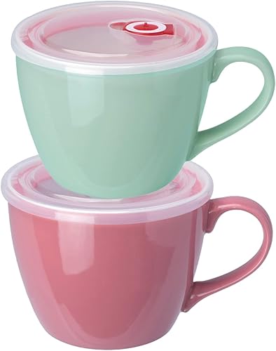 Miniatura 6 de Tazón de porcelana naranja de 30 onzas con tapa y asa para sopa, ensalada, cereales y fideos instantáneos, taza de sopa con mango de preservación