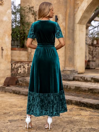 Simplee Women's Formal Velvet Maxi Dress Fall Winter V Neck Floral Short Sleeve Empire Waist Wedding Guest Dresses4