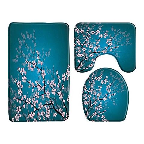 3 Piece Bath Rugs Sets,Cherry Blossom Pink Floral Japanese Sakura Flower Garden Park Plants Toilet Sets Non Slip Bath Mat, Water Absorbent U-Shaped Contour Toilet Mat, Toilet Lid Cover Cover