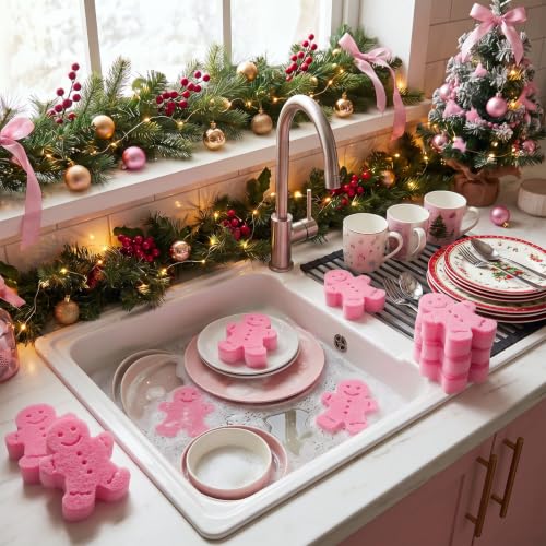 Image of Tioncy 12 Pack Kitchen Sponges Bulk Dual Sided Scrubber Sponges Dishwashing Kitchen Cleaning Accessories for Household Supplies(Gingerbread Man, Pink)
