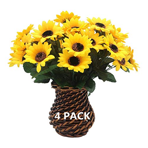 PASYOU Artificial Sunflower, Plastic Fake Flowers Small Sunflowers for Indoor Outdoor Wedding Bridal Bouquet Home Garden Party DIY Wreath Table Arrangement Decoration Pot Planter Filler 4 Pack