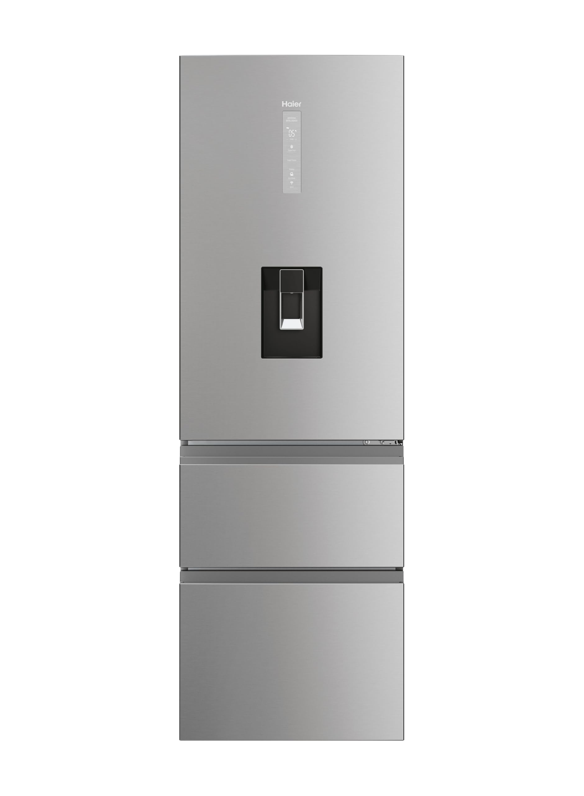 Haier3D 60 Series 5 Freestanding Fridge Freezer with Water Dispenser, 3 Doors, Total No Frost, E Class, 357L Total Capacity, hOn App, AI & Wi-Fi Connected, Silver, 60x67x185 cm - HTW5618EWMG