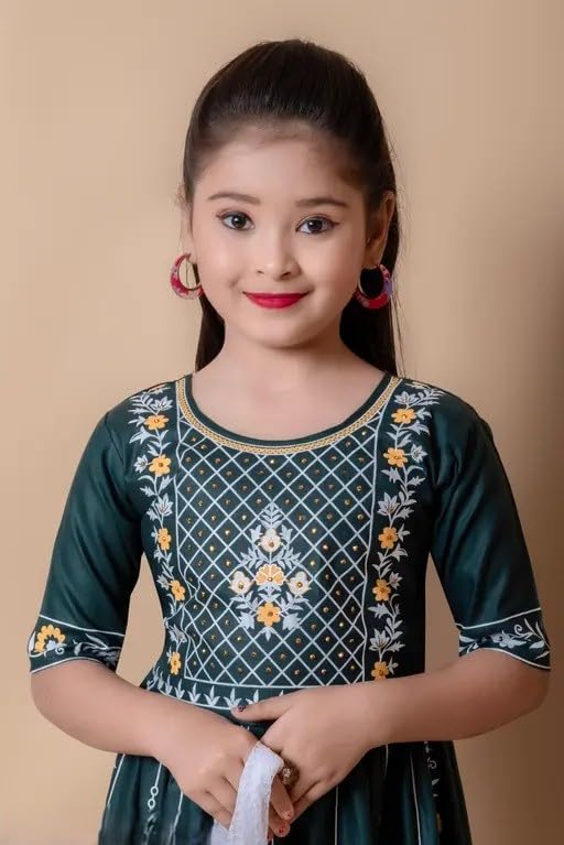 Image of Girls Traditional Embroidered Kurta Palazzo Set, Green and White, Floral Design, Half Sleeves