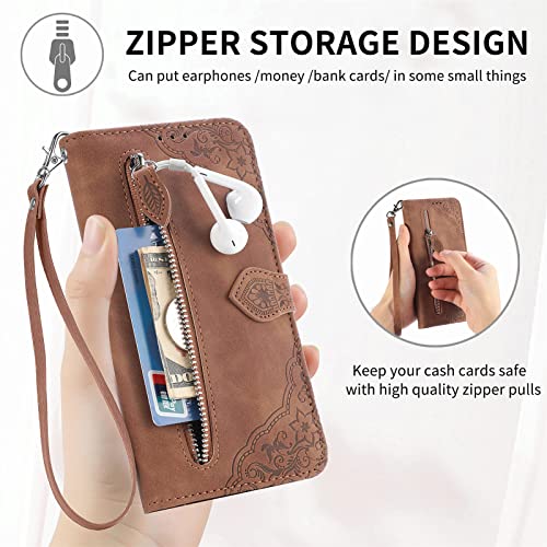 for Orbic Joy RC608L Zipper Wallet Case with Strap,7 Card Holder Leather Flip Magnet Wallet Case with Money Pocket Full Body Protective Purse Case for Women -Brown3