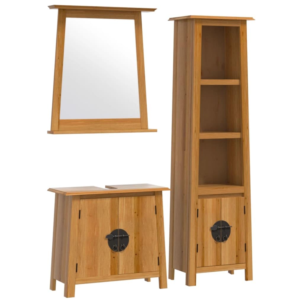 3-częściowy zestaw mebli łazienkowych z litego drewna sosnowego z lustrem i pojemnym schowkiem, organizer na przybory toaletowe, rustykalny design z metalowymi uchwytami