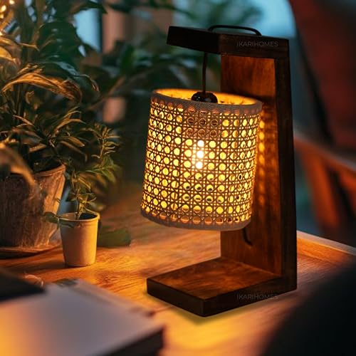 Image of Ikari Homes Vintage Table Lamp I Indonesian Rattan Cane with Braided Wire I Boho Table lamp for Bedroom /Living Room /Office Desk /Restaurants - (Rattan Hex Shade)