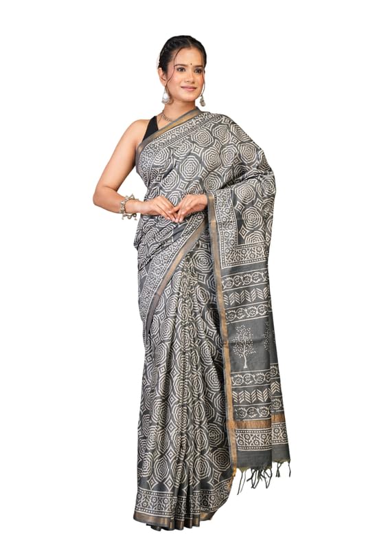 Anuttara Women's Black Bhagalpuri Cotton Silk Gold Border Discharge Hand Block Ethnic Saree With Blouse-picture-21