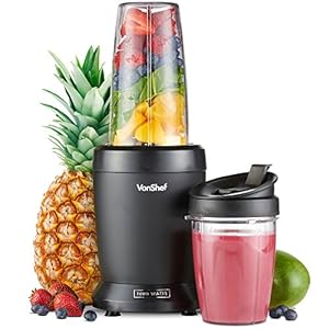 VonShef Blender Smoothiemaker – Mini Keukenblender voor Fruit, Groenten en IJscrusher, 1000W, w / 500ml & 800ml draagbare bekers, 1 knop bediening – Zwart