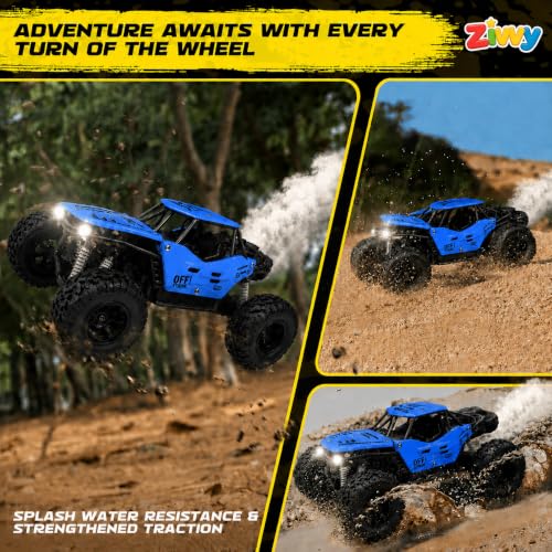 Image of Big Blue Remote Control Car | Rock Crawler | LED Headlight | Rechargeable Battery with Type c Charger | 100m Range | Smoke | Toy Car for Kids & Boys 7-14 Years | Birthday Gift for Kids
