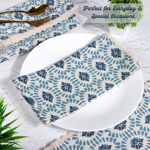Image of FINGERCRAFT Printed Cloth Napkins Cotton Linen Blend Fabric Set of 6 with Classic Lace 20x20 Inch Dinner Napkin Durable and Good Absorbency for Home, Hotels, Parties (Moroccan Beauty)