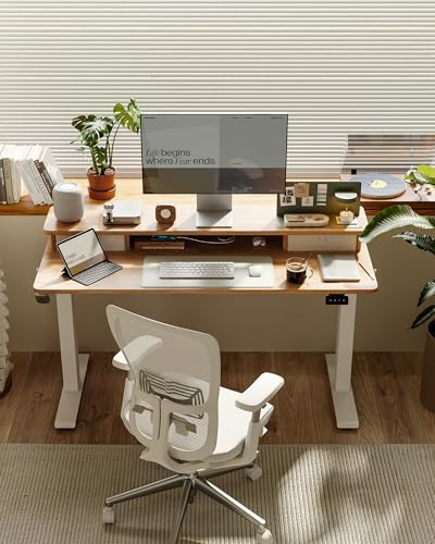 Image of FEZIBO 48 x 24 Inch Height Adjustable Electric Standing Desk with Double Drawer, Stand up Home Office Computer Desk with 4 Height-Adjustable Feets & 2 Hooks,Maple
