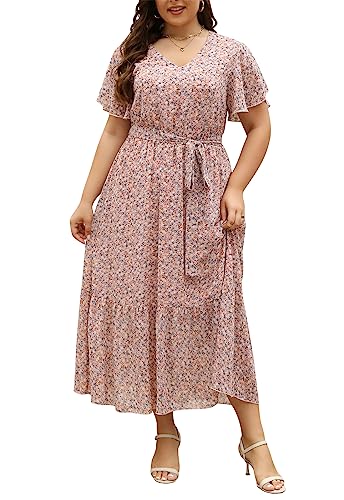 Image of Nemidor Plus Size Women Casual Maxi Dresses Print Bobo Belted Layered Chiffon Summer Long Dress with Ruffle Sleeve