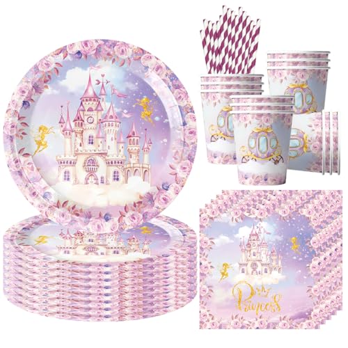 68 unidades louça para festa de castle, louça de aniversário de princesa castle, decoração de aniversário para crianças inclui pratos chávenas guardanapos