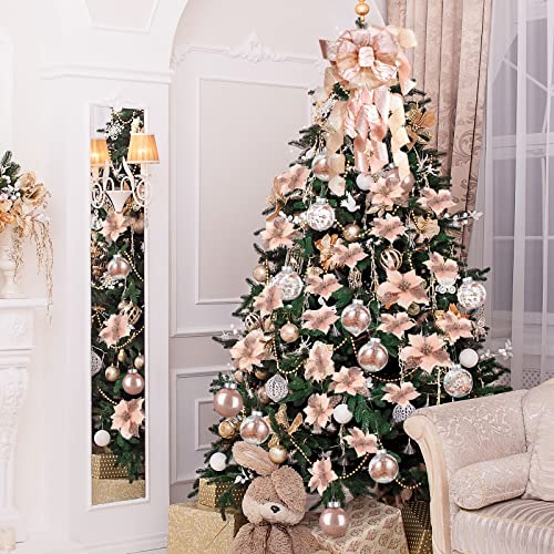 Canlierr 49 Pcs Christmas Tree Decoration Set Topper Bow 24 Glitter Artificial Poinsettia Flowers 2.36 Inch Ball Ornaments For Xmas Wedding Birthday (Rose Gold) #TOP4