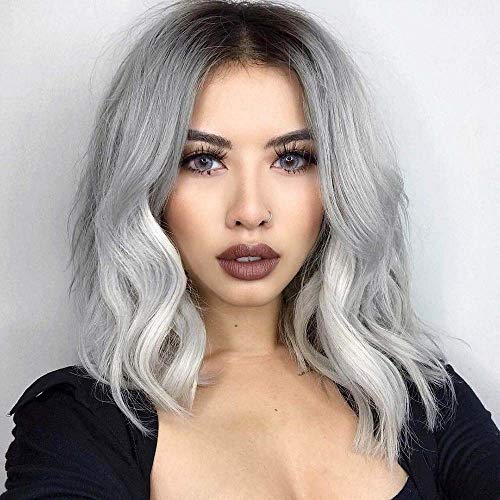 14inch Silver Grey Natural Wave Synthetic Wig Shoulder Length Middle Part Wigs for Cosplay Party