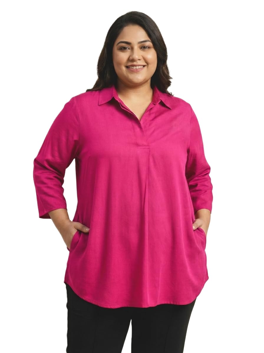Women’s Plus Size Solid Rayon Tunic Side Pockets Regular Fit 3/4 Sleeves Collared Shirt Style Casual Office Wear Top-picture-35