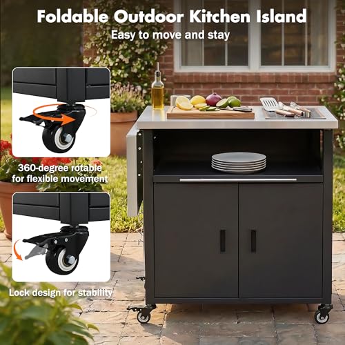 Image of Merax 73.8 inch Outdoor Kitchen Island with Dual Foldable Grill Table, Black | Stainless Steel Top,Outdoor Grill Cart with Storage Cabinet &Trash Rack, Outdoor Bar Cart, Pizza Oven Table for Lawn & Garden