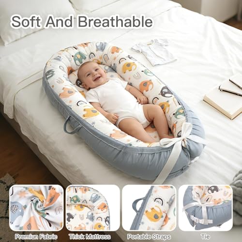 Baby Nests, Baby Lounger for Newborn, Portable 100% Breathable Cotton Infant Lounger Nest for Home and Travel, Newborn Babies Essentials Gifts 0-12 Months (Big Elephant) - Image 3