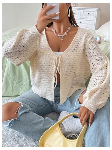 Image of GORGLITTER Women's Plus Size Bow Tie Front Cardigan Crochet Open Front Lightweight Front Tie Cardigan Sweater Fall Apricot Large Plus