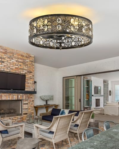 Rjieoc Vintage Crystal Ceiling Fan with Light, Farmhouse Caged Fandelier with Remote Control, Industrial Flush Mount Ceiling Fan Light for Bedroom Living Room Dining Room Kitchen - image 2