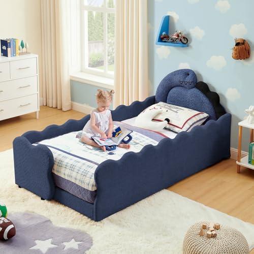 Image of Twin Size Kids Bed with Dinosaur Headboard, Upholstered Boucle Fabric Twin Daybed with Slats Support & Side Pocket, Space-Saving Wooden Corner Sofa Couch Day Bed Frame for Girl, Boy, Teenager(Blue)