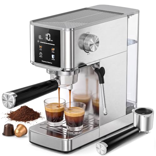 Kismile 2-in-1 Espresso Machine with Milk Frother for Pods & Ground Coffee | 20 Bar Coffee Maker , 1350W Fast Heating for Cappuccino Latte for Home with Pre-Infusion, LED Display, 40oz Water Tank