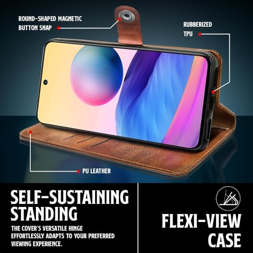 Image of WOW IMAGINE Shock Proof Flip Cover Back Case for Xiaomi Redmi Note 10T 5G | Poco M3 Pro 5G (Magnetic Button Flip Case | Wallet Pockets & Stand | Leather Finish | Alder Brown)