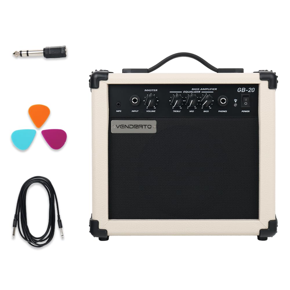 Electric bass Amplifier 20w amp Cream White Treble Middle bass mp3 Headphone Band Jack 6.5'' Speaker Portable Starter Beginner Band Practice Travel bass amp noiseless Cable Picks Adapter in-image-4