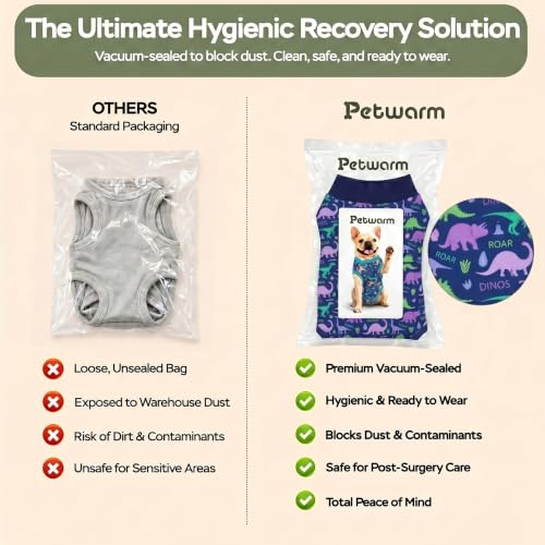 Image of PetWarm Surgery Recovery Suit Spay, Onesies for Dogs, Dog Cone Alternative After Surgery Substitute E-Collar and Cone Prevent Dog Onesies Pet Recovery Suit, Dinosaur Pattern, Blue Purple, XS