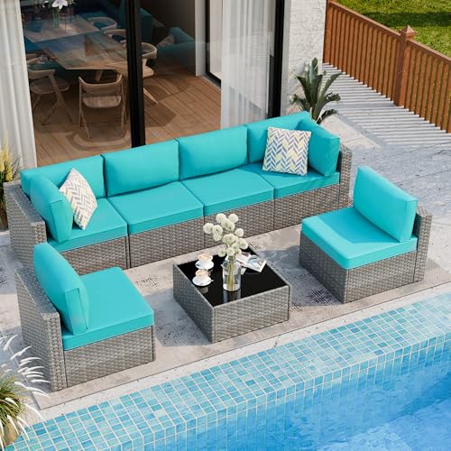 Shintenchi 7 Pieces Outdoor Patio Furniture Sets, Patio Sectional Sofa Couch, Silver Gray PE Wicker Furniture Modular Patio Conversation Sets Patio Sofa with Washable Cushions & Coffee Table (Blue)